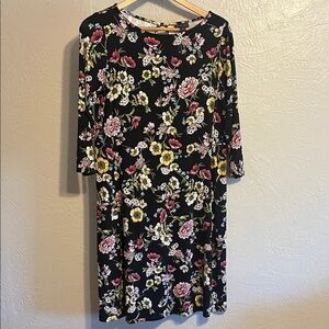 J. Jill Wearever Collection Floral Black 3/4 Sleeve Dress Small